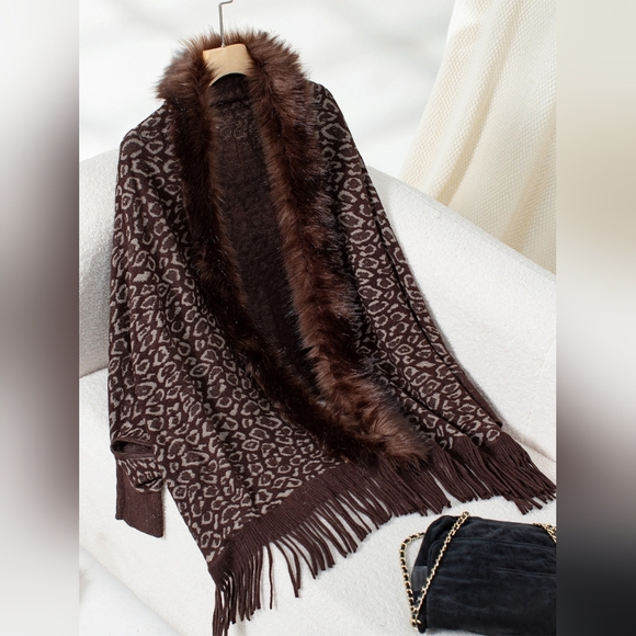 Sweaters - Plush Faux Fur Leopard Retro Fringe Boho Oversized Poncho Knit Cardigan Jacket